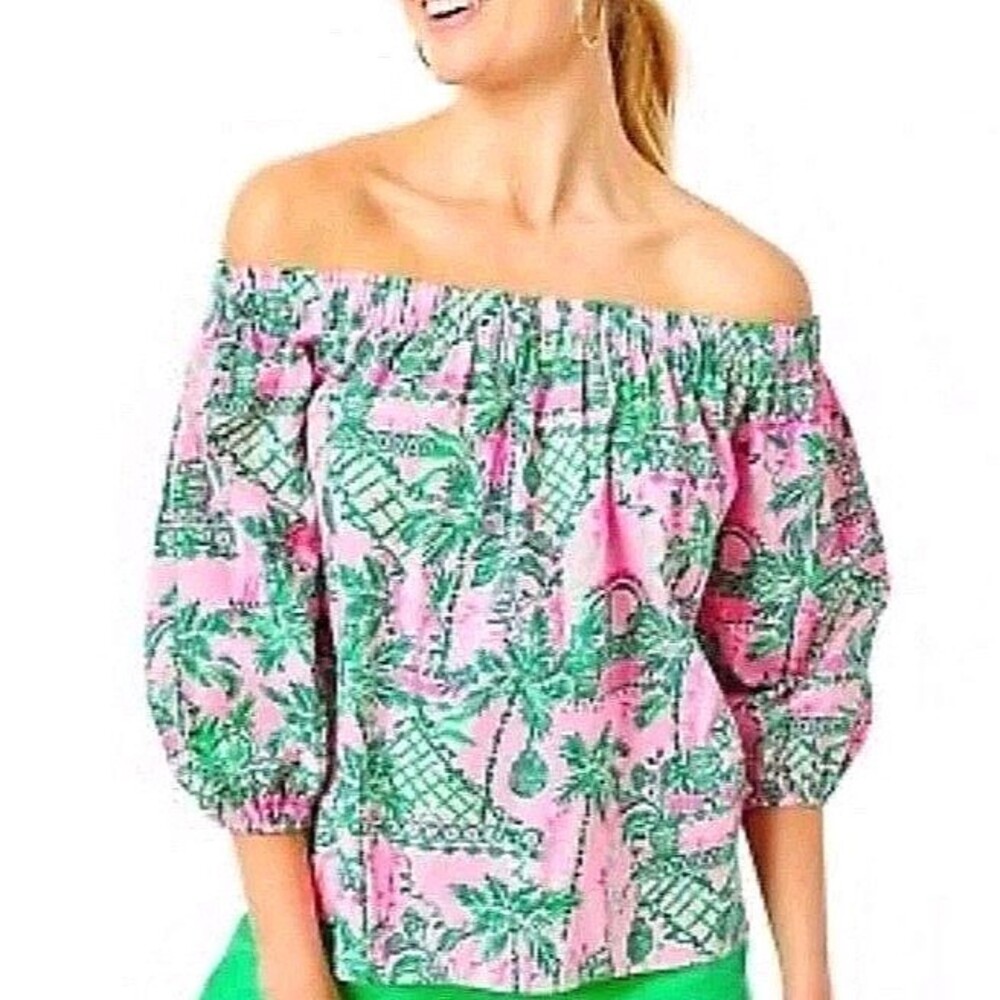 LILLY PULITZER Top Off-Shoulder Shirt Winifred Pink/Green Women Size Large